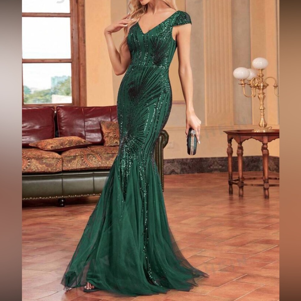Luxe mermaid hem mesh sequins party formal dress - Picture 4 of 10